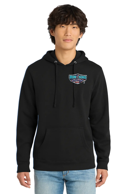 Person wearing a black hoodie with a logo on a white background. Ron and Sons Towing, Paper Street Print Co, Blairstown, NJ.