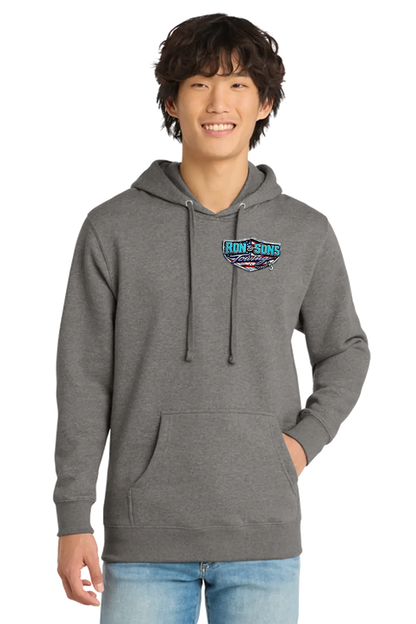 Person wearing a gray hoodie with a logo on a white background. Ron and Sons Towing, Paper Street Print Co, Blairstown, NJ.