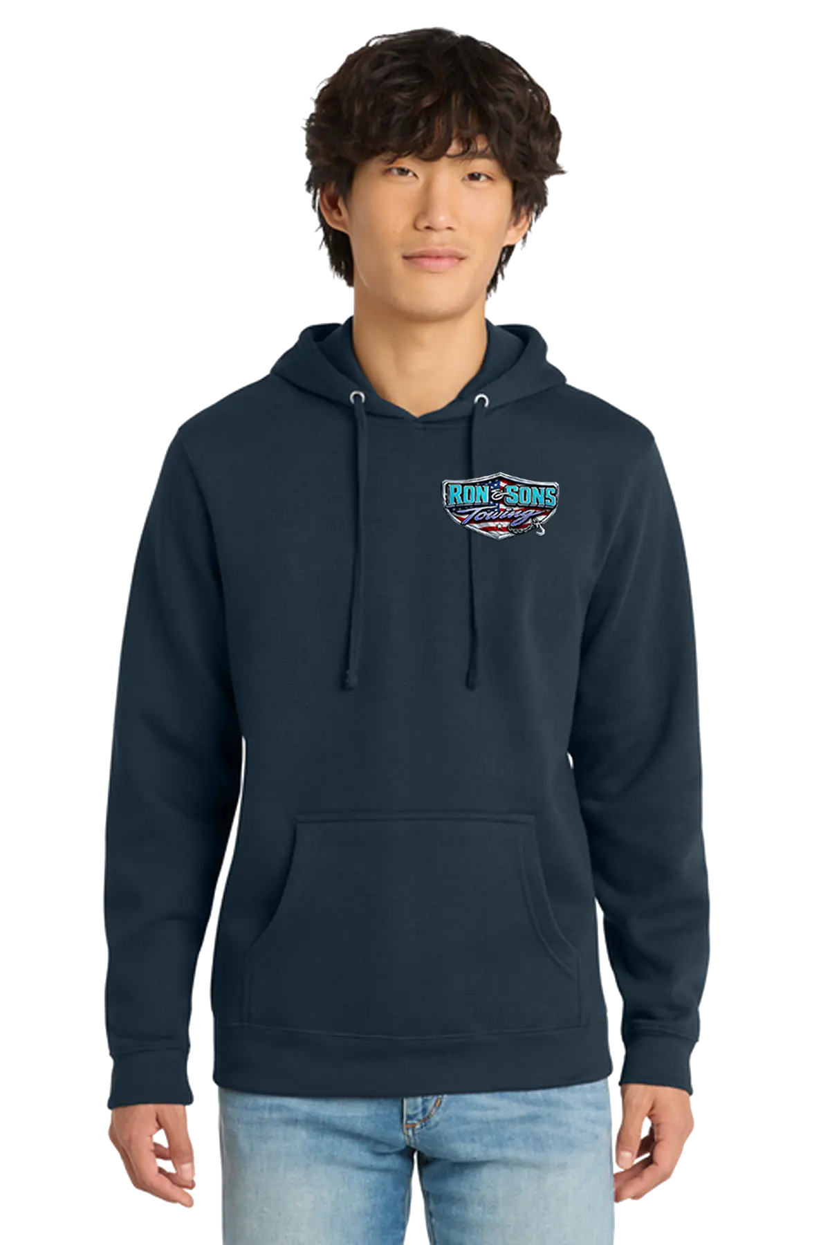 Person wearing a navy hoodie with a logo on a white background. Ron and Sons Towing, Paper Street Print Co, Blairstown, NJ.