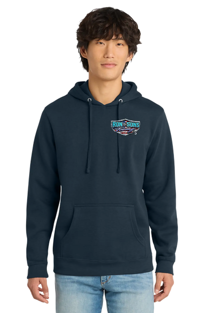 Person wearing a navy hoodie with a logo on a white background. Ron and Sons Towing, Paper Street Print Co, Blairstown, NJ.