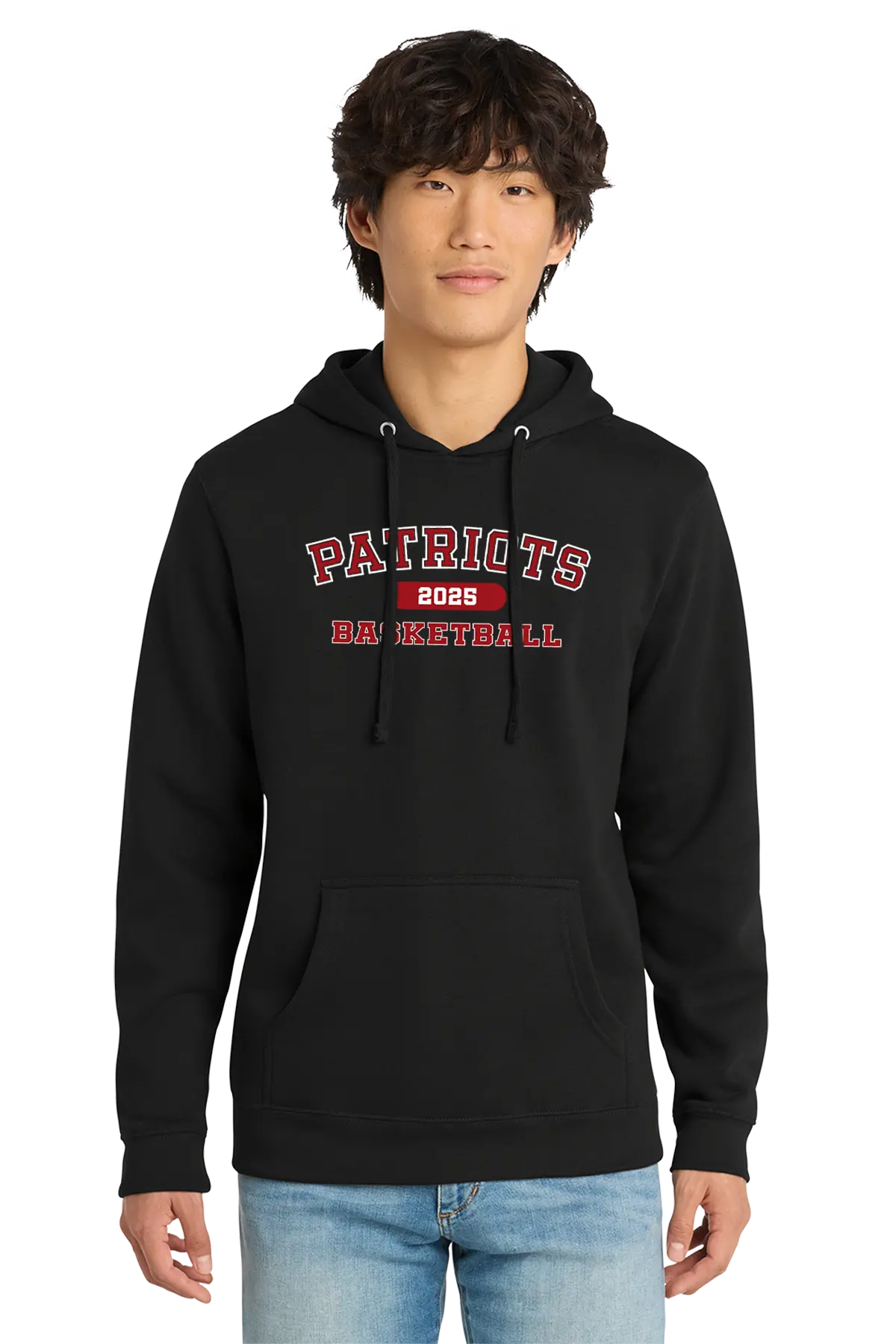 Person wearing a black hoodie with 'Patriots Basketball' text on a white background. Paper Street Print Co, Blairstown, NJ.