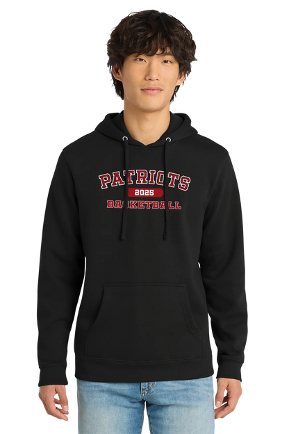 Person wearing a black hoodie with 'Patriots Basketball' text on a white background. Paper Street Print Co, Blairstown, NJ.