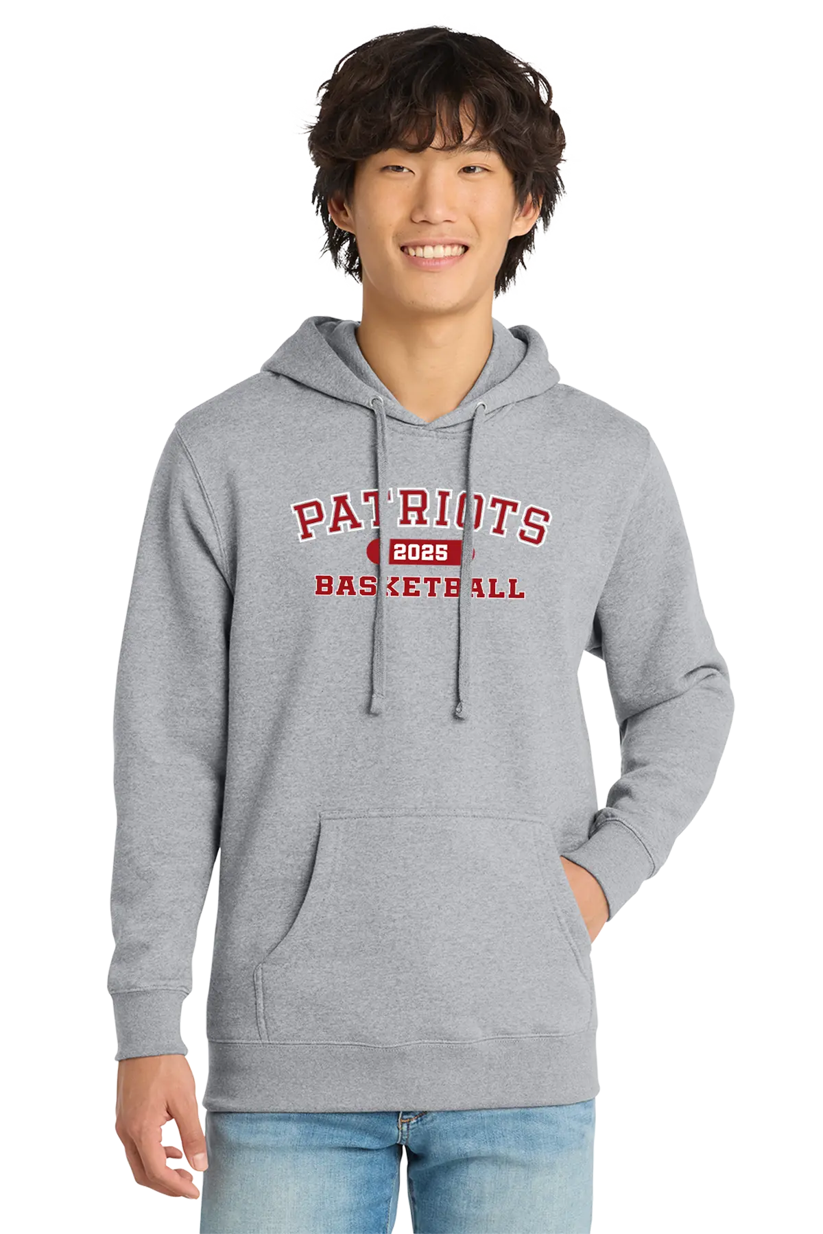 Person wearing a gray hoodie with 'Patriots Basketball' text on a white background. Paper Street Print Co, Blairstown, NJ.