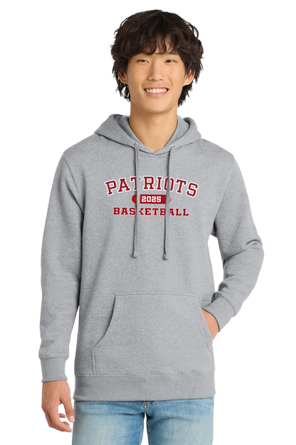Person wearing a gray hoodie with 'Patriots Basketball' text on a white background. Paper Street Print Co, Blairstown, NJ.