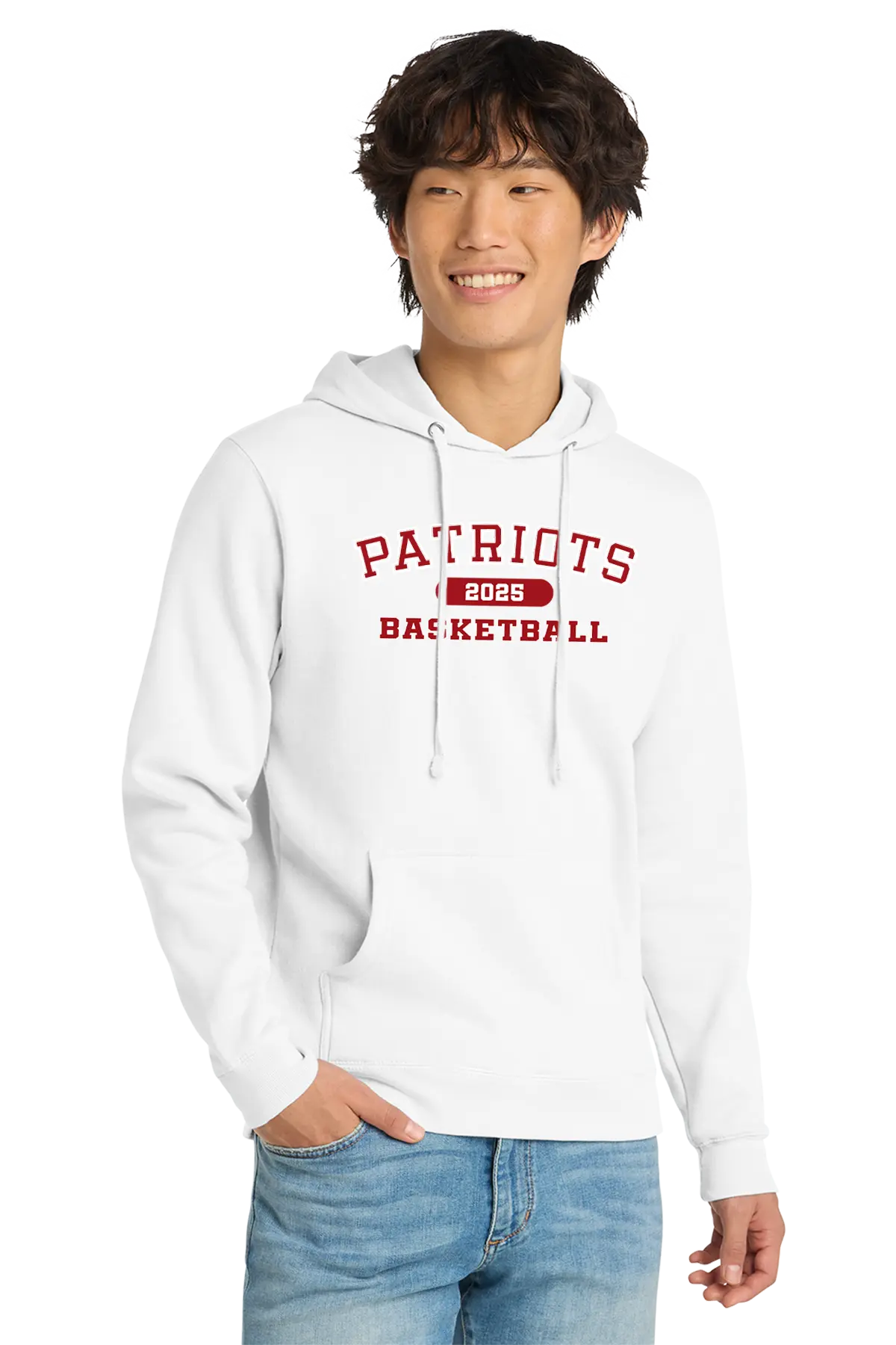 Person wearing a white hoodie with 'Patriots Basketball' text on a white background. Paper Street Print Co, Blairstown, NJ.