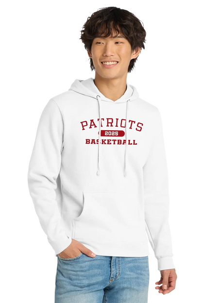 Person wearing a white hoodie with 'Patriots Basketball' text on a white background. Paper Street Print Co, Blairstown, NJ.
