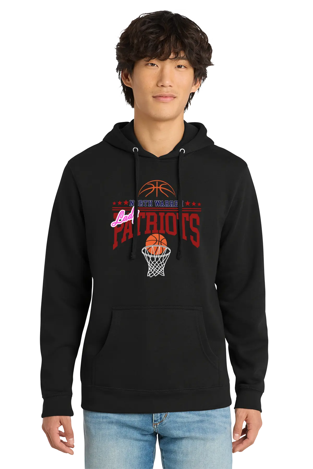 Person wearing a black hoodie with 'Patriots' and basketball graphics on a white background. Paper Street Print Co, Blairstown, NJ.