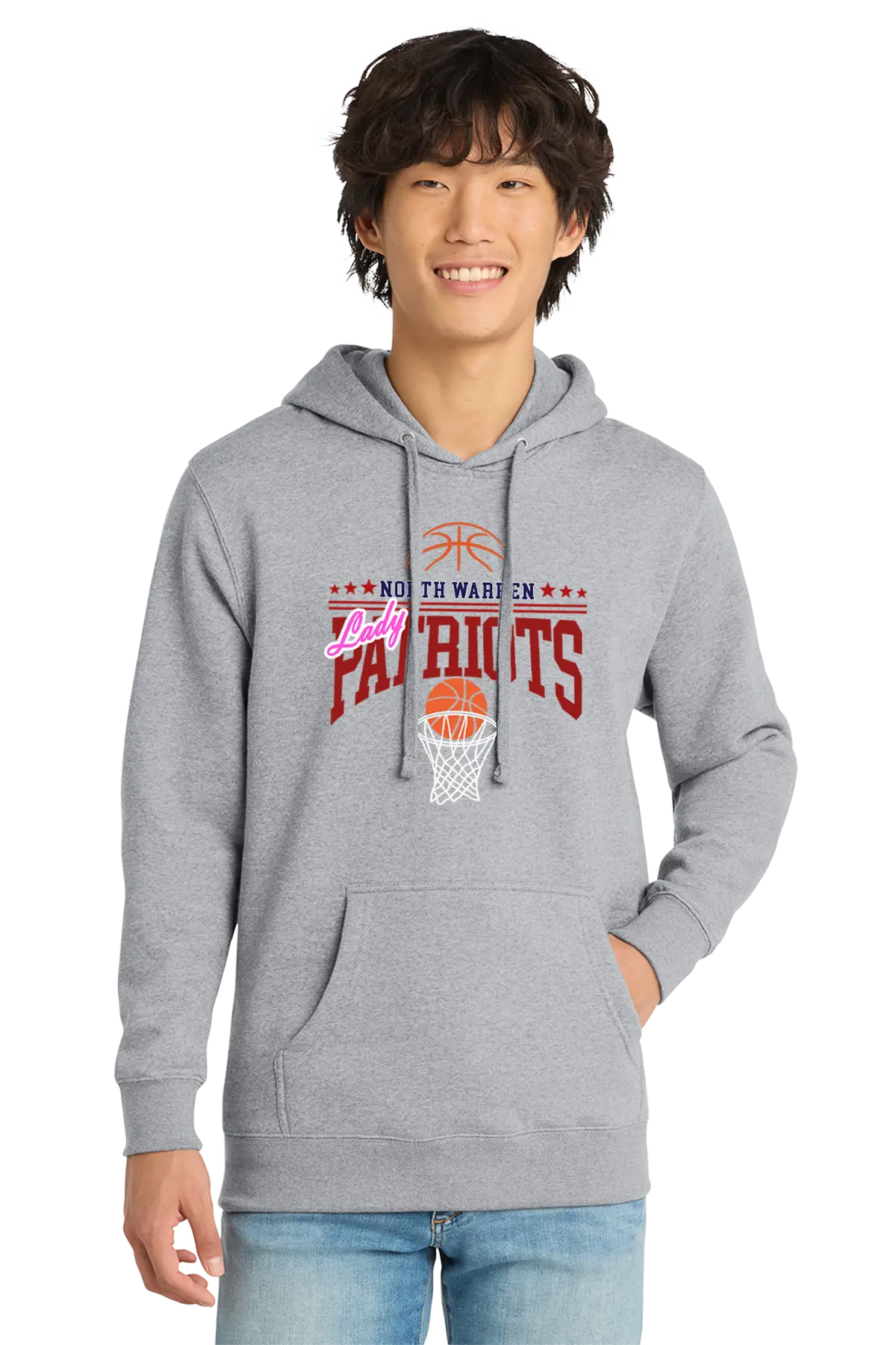 Person wearing a gray hoodie with basketball graphics and text on a white background. Paper Street Print Co, Blairstown, NJ.