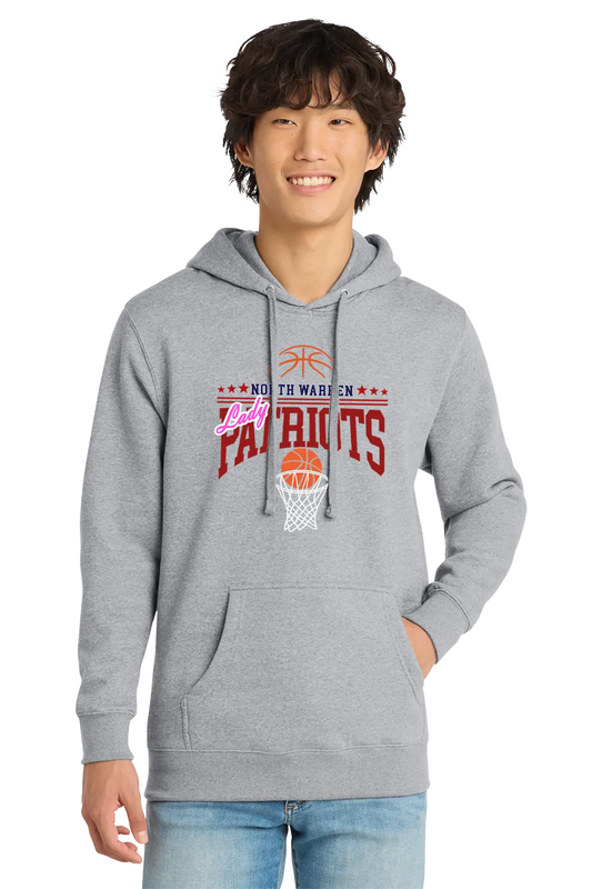 Person wearing a gray hoodie with basketball graphics and text on a white background. Paper Street Print Co, Blairstown, NJ.