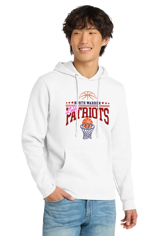 Person wearing a white hoodie with 'Patriots' and basketball graphics on a white background. Paper Street Print Co, Blairstown, NJ.