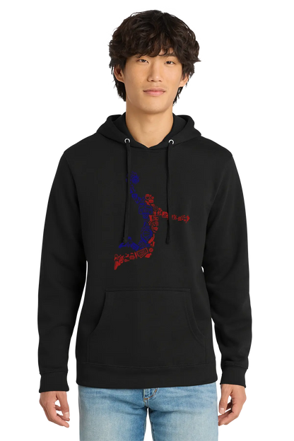 Person wearing a black hoodie with a graphic design on a white background. Paper Street Print Co, Blairstown, NJ.