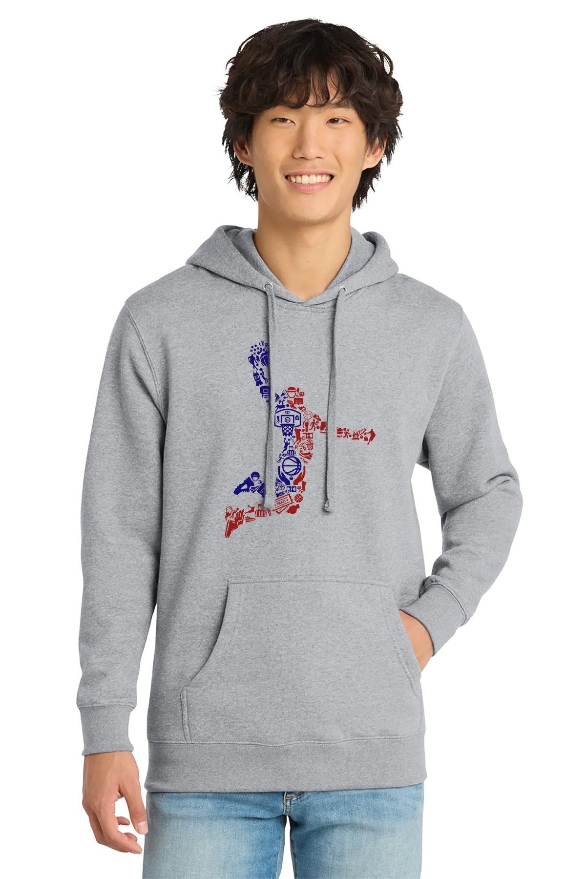 Person wearing a gray hoodie with colorful graphic design on a white background. Paper Street Print Co, Blairstown, NJ.