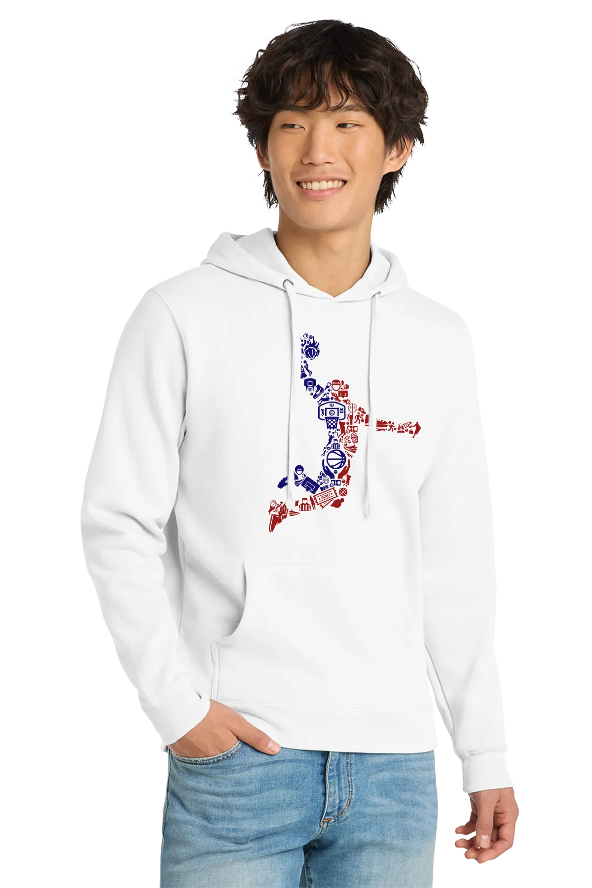 Person wearing a white hoodie with colorful design on a white background. Paper Street Print Co, Blairstown, NJ.