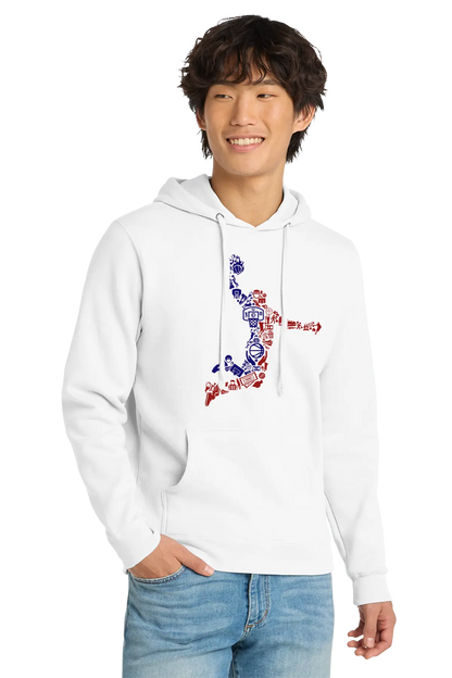 Person wearing a white hoodie with colorful design on a white background. Paper Street Print Co, Blairstown, NJ.