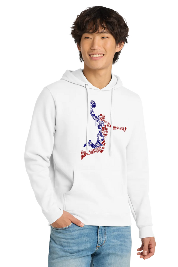 Person wearing a white hoodie with colorful design on a white background. Paper Street Print Co, Blairstown, NJ.