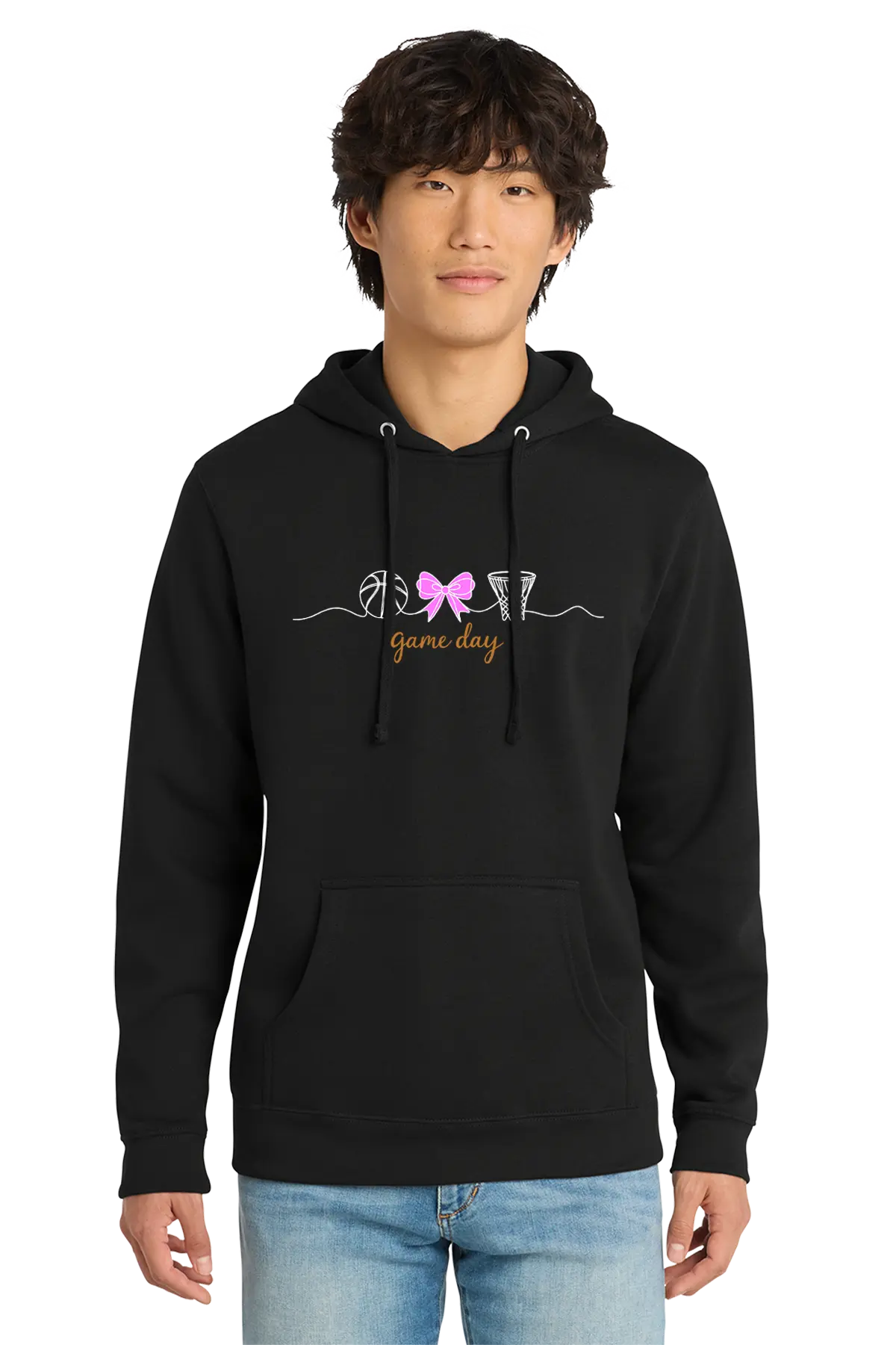 Person wearing a black hoodie with text and a bow graphic on a white background. Paper Street Print Co, Blairstown, NJ.