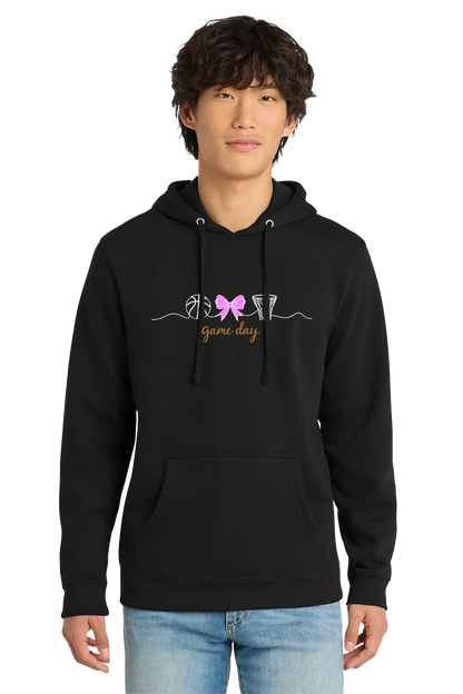 Person wearing a black hoodie with text and a bow graphic on a white background. Paper Street Print Co, Blairstown, NJ.