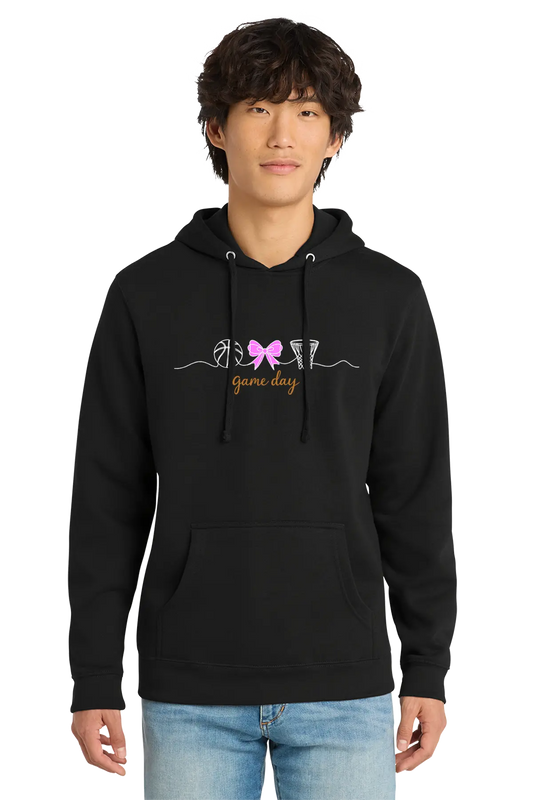 Person wearing a black hoodie with text and a bow graphic on a white background. Paper Street Print Co, Blairstown, NJ.