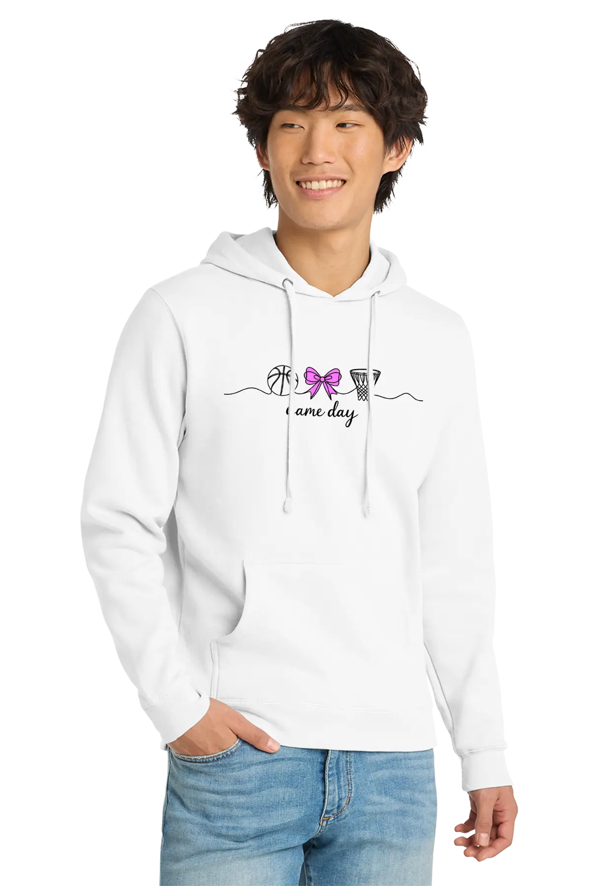 Person wearing a white hoodie with a design and text, standing against a white background. Paper Street Print Co, Blairstown, NJ.