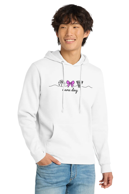 Person wearing a white hoodie with a design and text, standing against a white background. Paper Street Print Co, Blairstown, NJ.