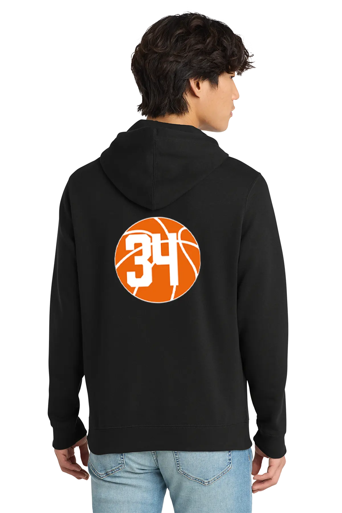 Person wearing a black hoodie with a basketball design on the back, featuring the number 34.. Paper Street Print Co, Blairstown, NJ.