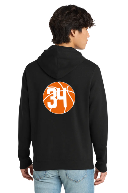 Person wearing a black hoodie with a basketball design on the back, featuring the number 34.. Paper Street Print Co, Blairstown, NJ.