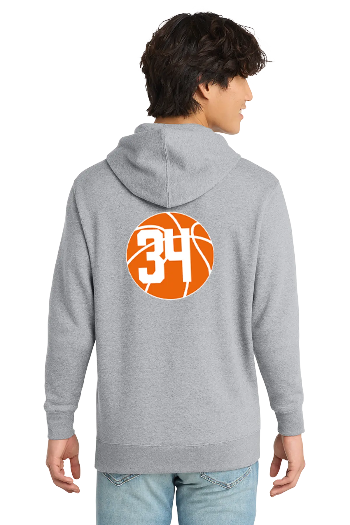 Person wearing a gray hoodie with a basketball design on the back. Paper Street Print Co, Blairstown, NJ.