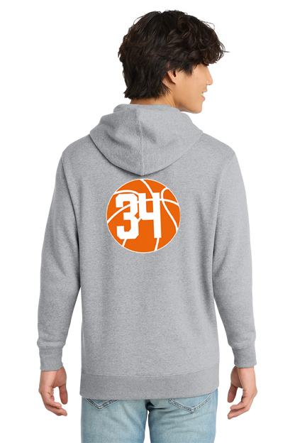 Person wearing a gray hoodie with a basketball design on the back. Paper Street Print Co, Blairstown, NJ.