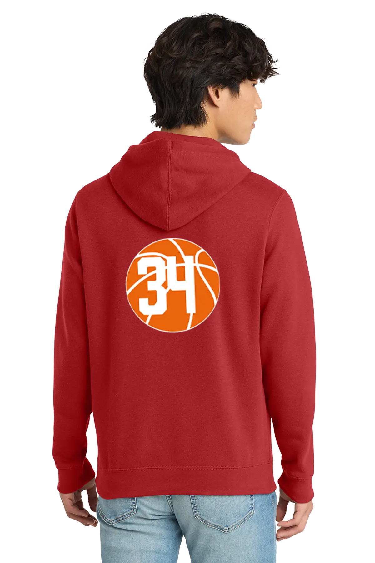 Red hoodie with basketball design and number 34 on the back, worn by a person. Paper Street Print Co, Blairstown, NJ.