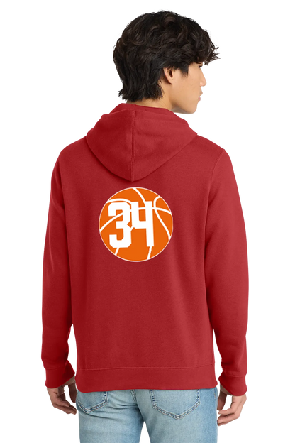 Red hoodie with basketball design and number 34 on the back, worn by a person. Paper Street Print Co, Blairstown, NJ.