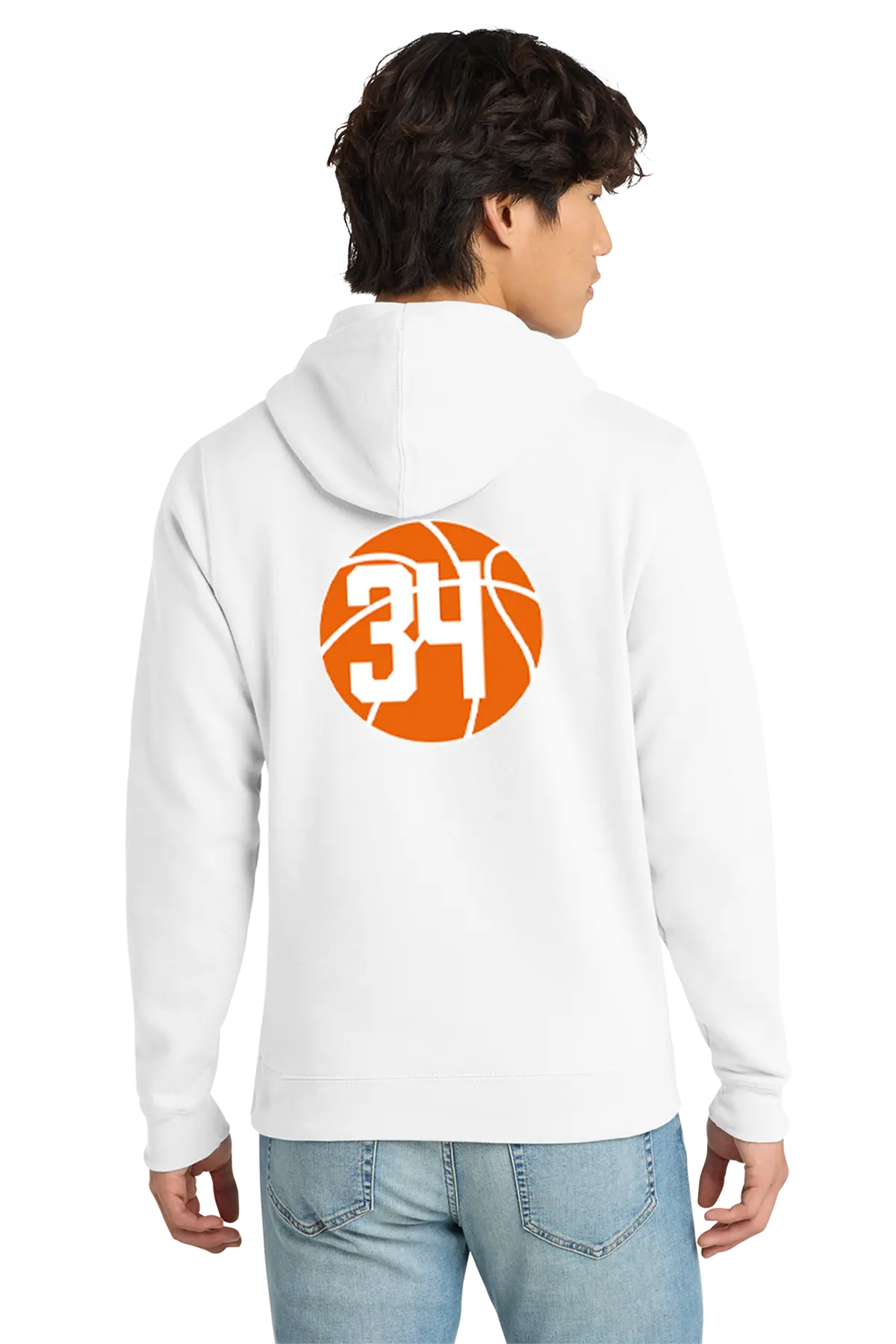 Person wearing a white hoodie with a basketball design on the back, standing against a white background. Paper Street Print Co, Blairstown, NJ.