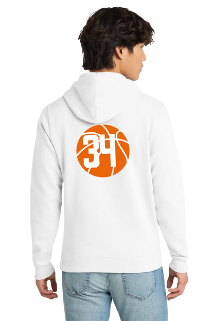 Person wearing a white hoodie with a basketball design on the back, standing against a white background. Paper Street Print Co, Blairstown, NJ.
