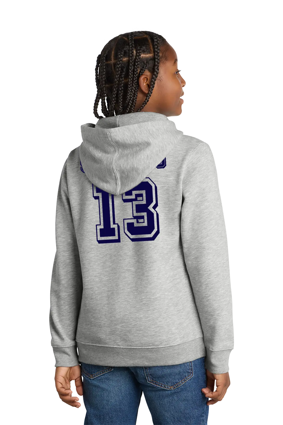 Person wearing a gray hoodie with number 13 on the back, standing against a white background. Paper Street Print Co, Blairstown, NJ.