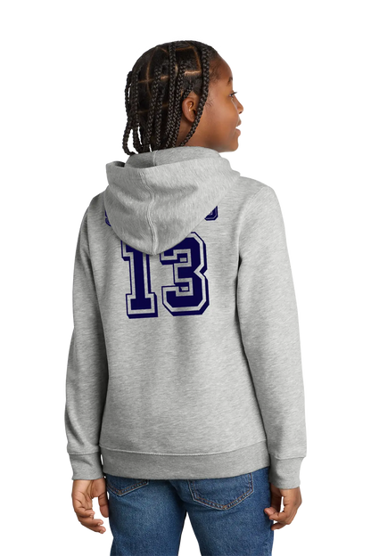 Person wearing a gray hoodie with number 13 on the back, standing against a white background. Paper Street Print Co, Blairstown, NJ.