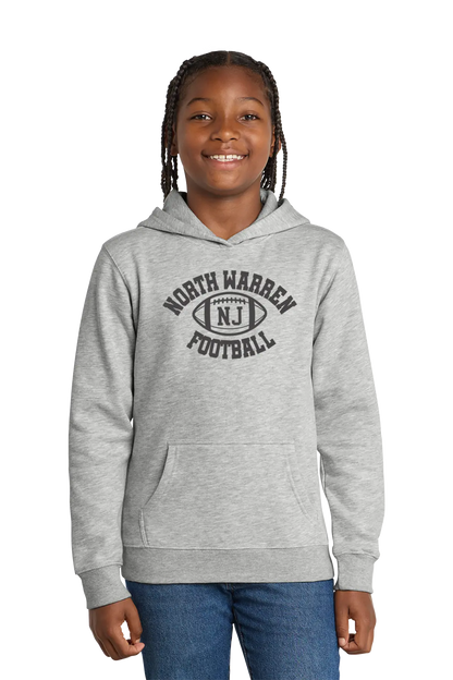 Child wearing a gray hoodie with 'North Warren Football' text on a white background. Paper Street Print Co, Blairstown, NJ.
