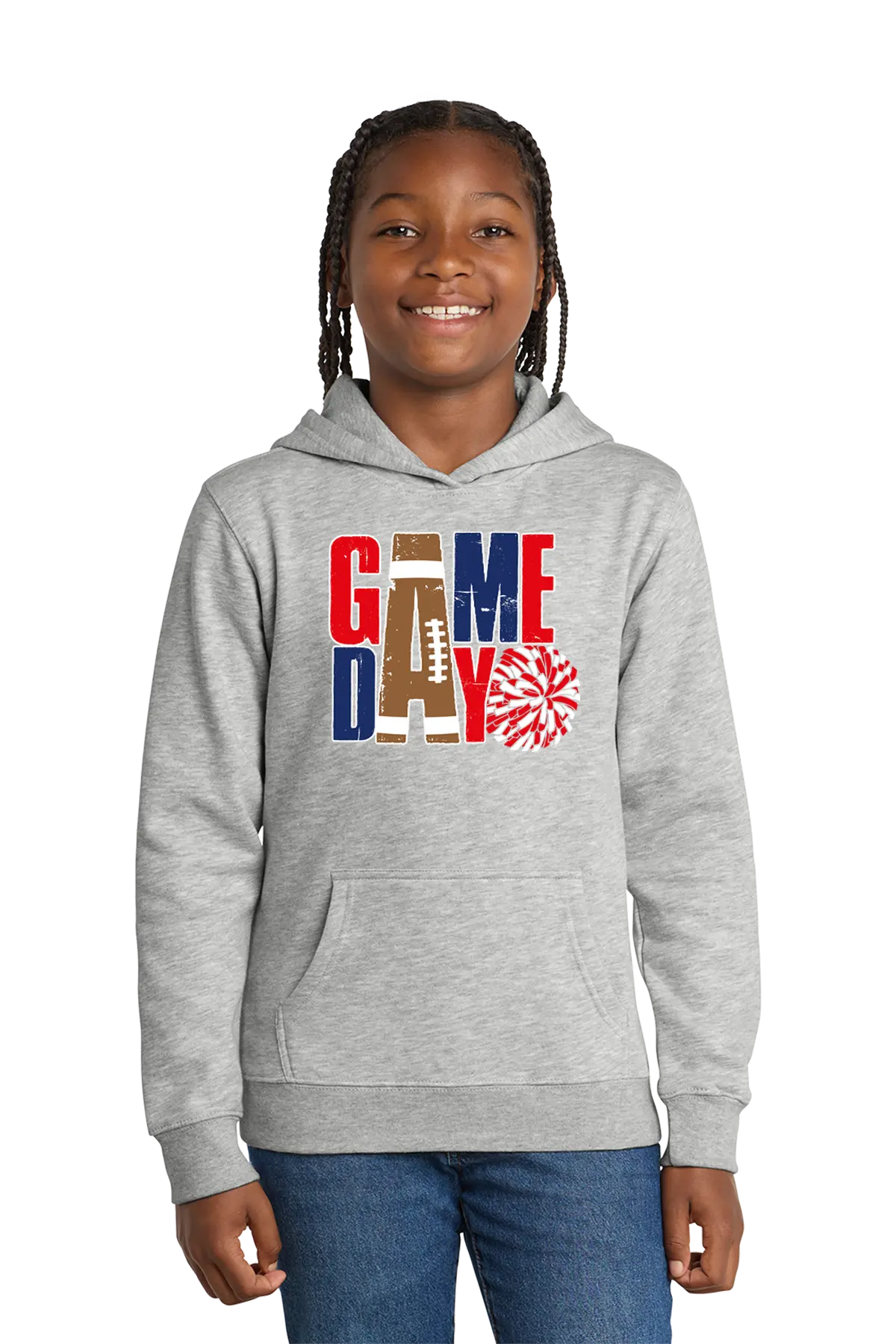 Child wearing a gray hoodie with 'GAMEDAY' design on a white background. Paper Street Print Co, Blairstown, NJ.
