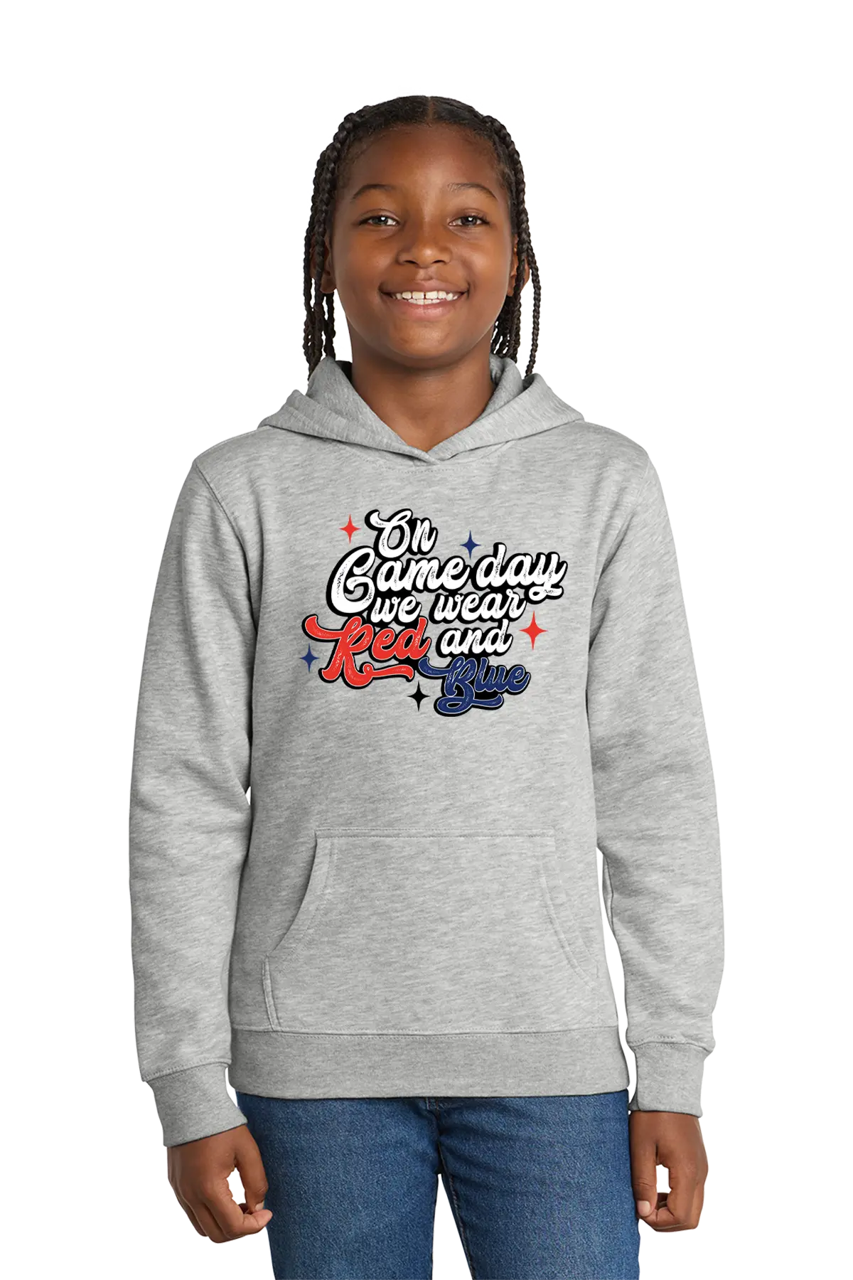 Child wearing a gray hoodie with text on a white background. Paper Street Print Co, Blairstown, NJ.