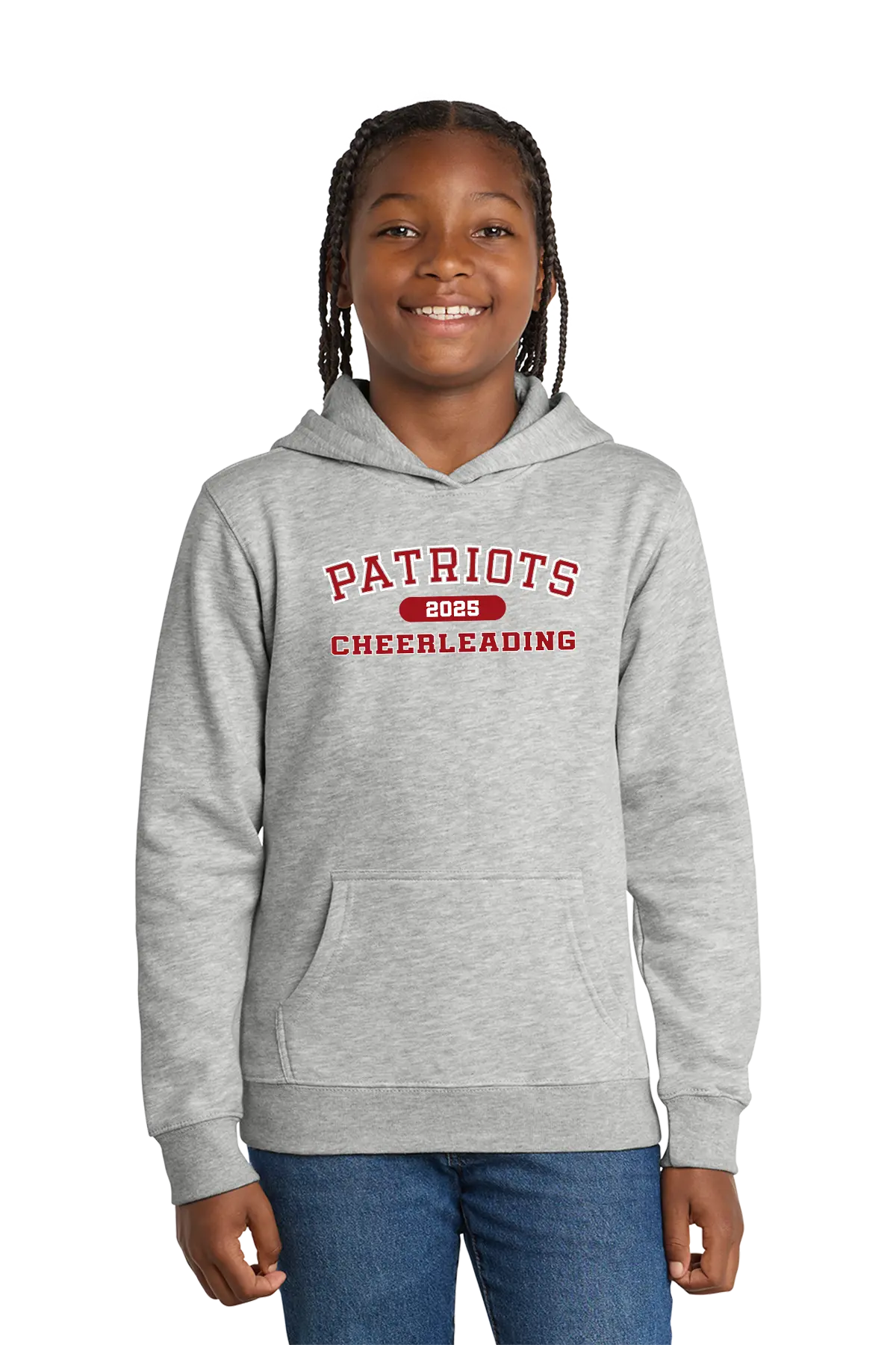Girl wearing a gray hoodie with 'Patriots Cheerleading 2023' text on a white background. Paper Street Print Co, Blairstown, NJ.