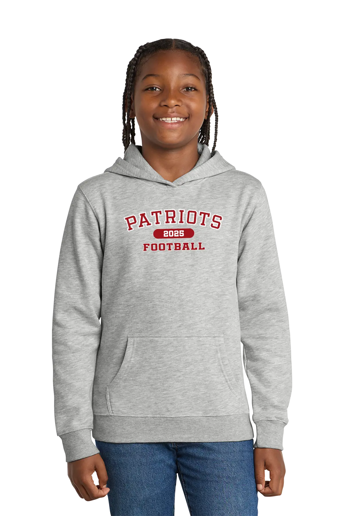 Child wearing a gray hoodie with 'Patriots Football' text on a white background. Paper Street Print Co, Blairstown, NJ.