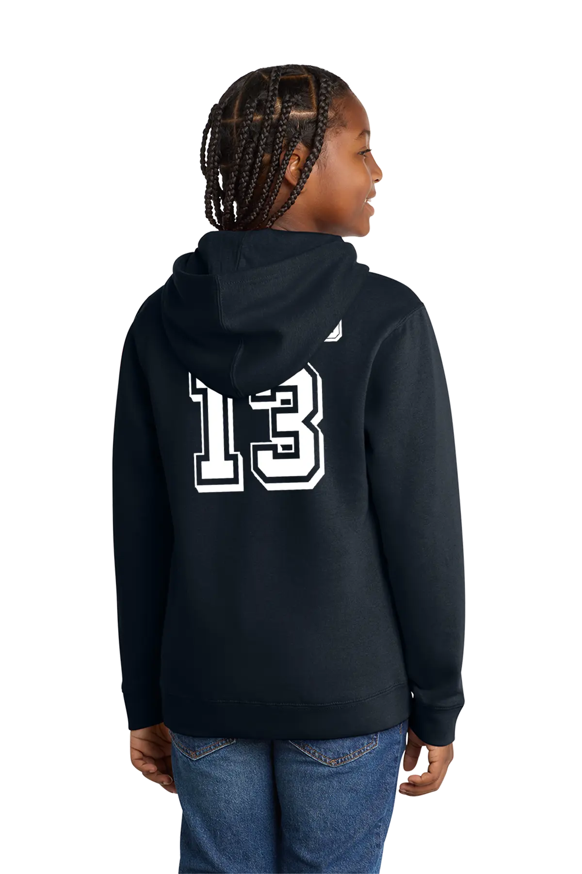 Person wearing a black hoodie with the number 13 on the back, standing against a white background. Paper Street Print Co, Blairstown, NJ.
