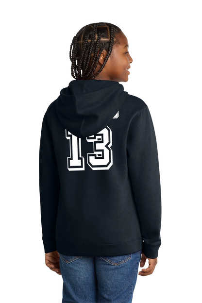 Person wearing a black hoodie with the number 13 on the back, standing against a white background. Paper Street Print Co, Blairstown, NJ.
