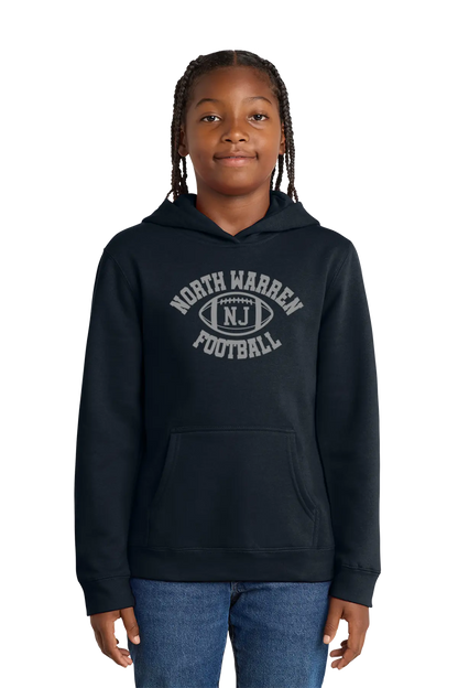 Person wearing a black hoodie with 'North Warren NJ Football' text on a white background. Paper Street Print Co, Blairstown, NJ.
