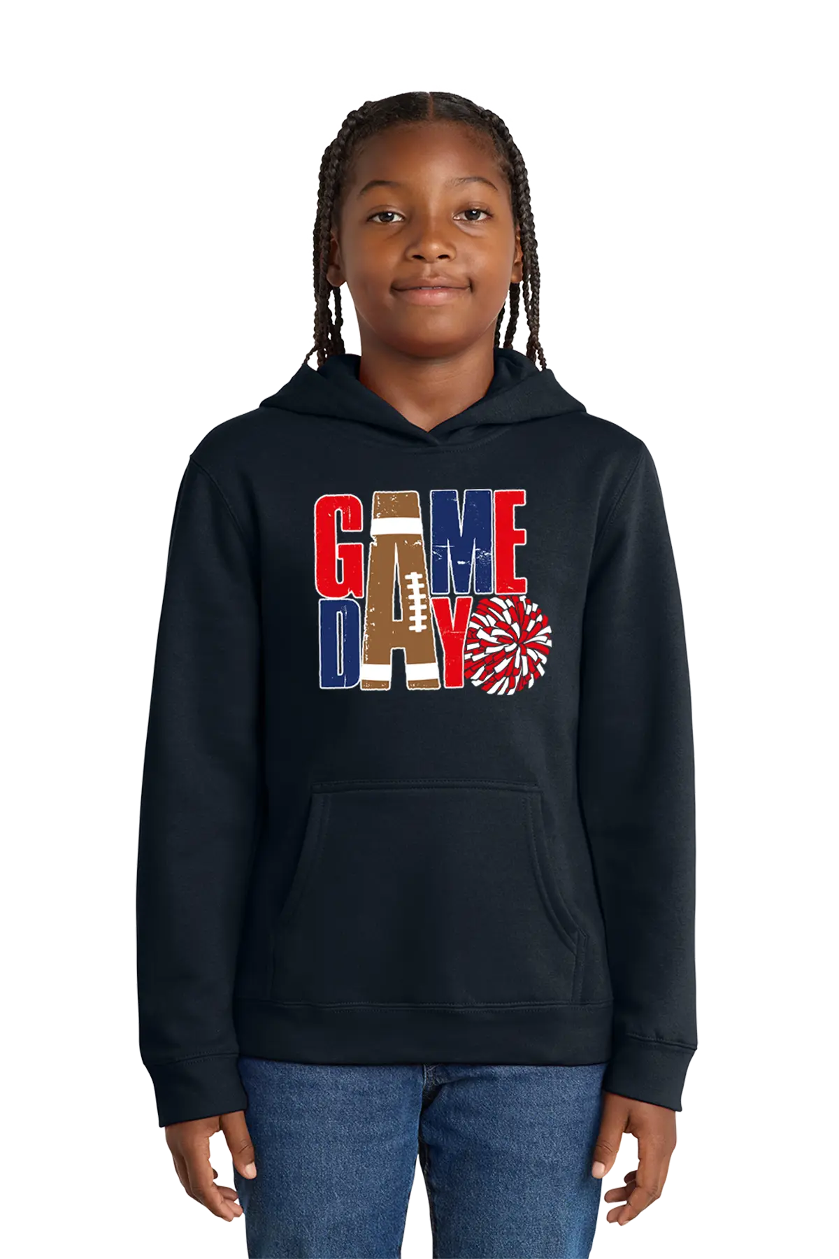 Person wearing a black hoodie with 'GAMEDAY' design on a white background. Paper Street Print Co, Blairstown, NJ.