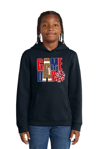 Person wearing a black hoodie with 'GAMEDAY' design on a white background. Paper Street Print Co, Blairstown, NJ.