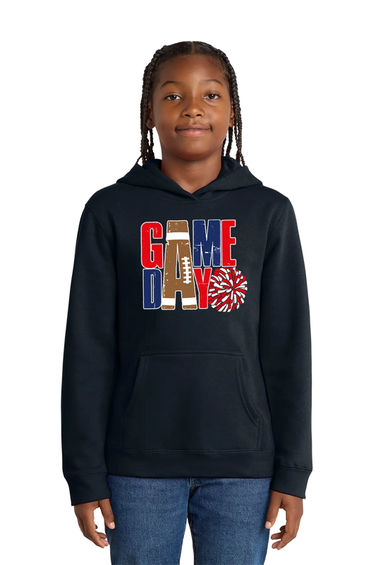 Person wearing a black hoodie with 'GAMEDAY' design on a white background. Paper Street Print Co, Blairstown, NJ.