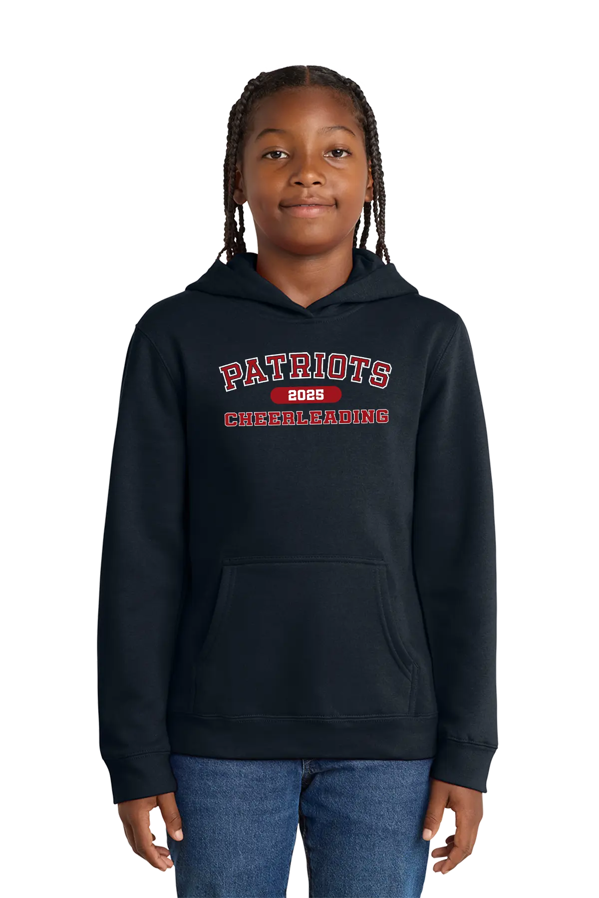 Person wearing a black hoodie with 'Patriots 2023 Cheerleading' text on a white background. Paper Street Print Co, Blairstown, NJ.
