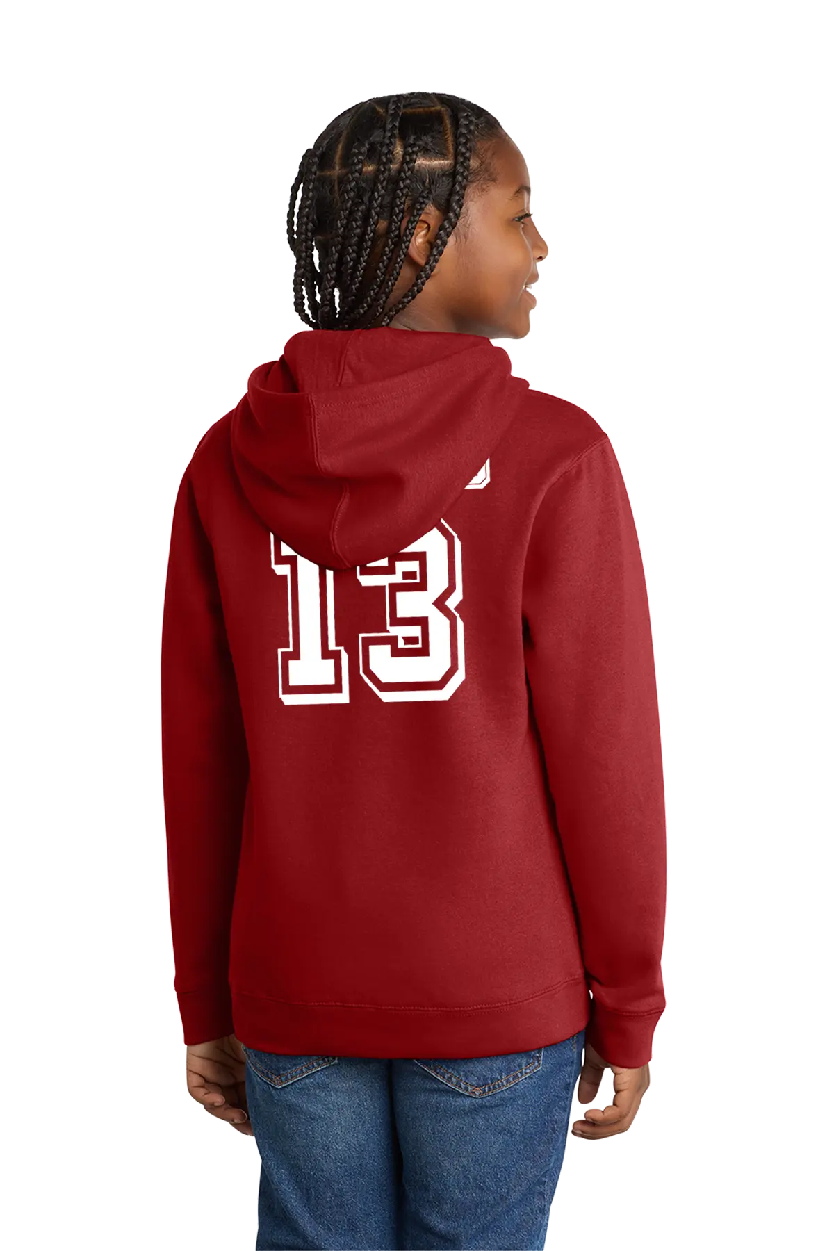 Person wearing a red hoodie with the number 13 on the back, standing against a white background. Paper Street Print Co, Blairstown, NJ.