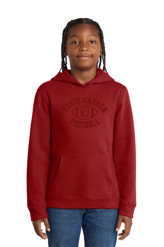 Person wearing a red hoodie with text on a white background. Paper Street Print Co, Blairstown, NJ.