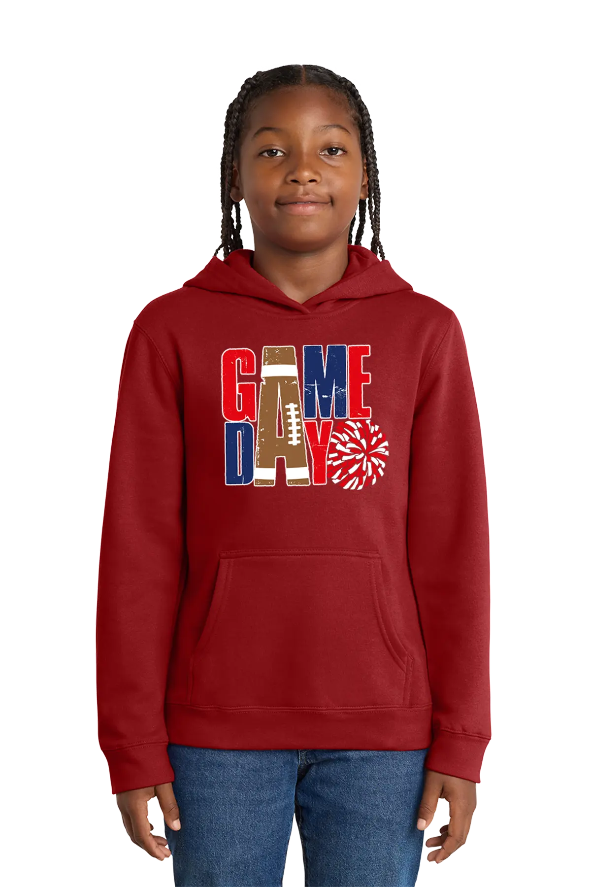 Child wearing a red hoodie with 'GAMEDAY' design on a white background. Paper Street Print Co, Blairstown, NJ.