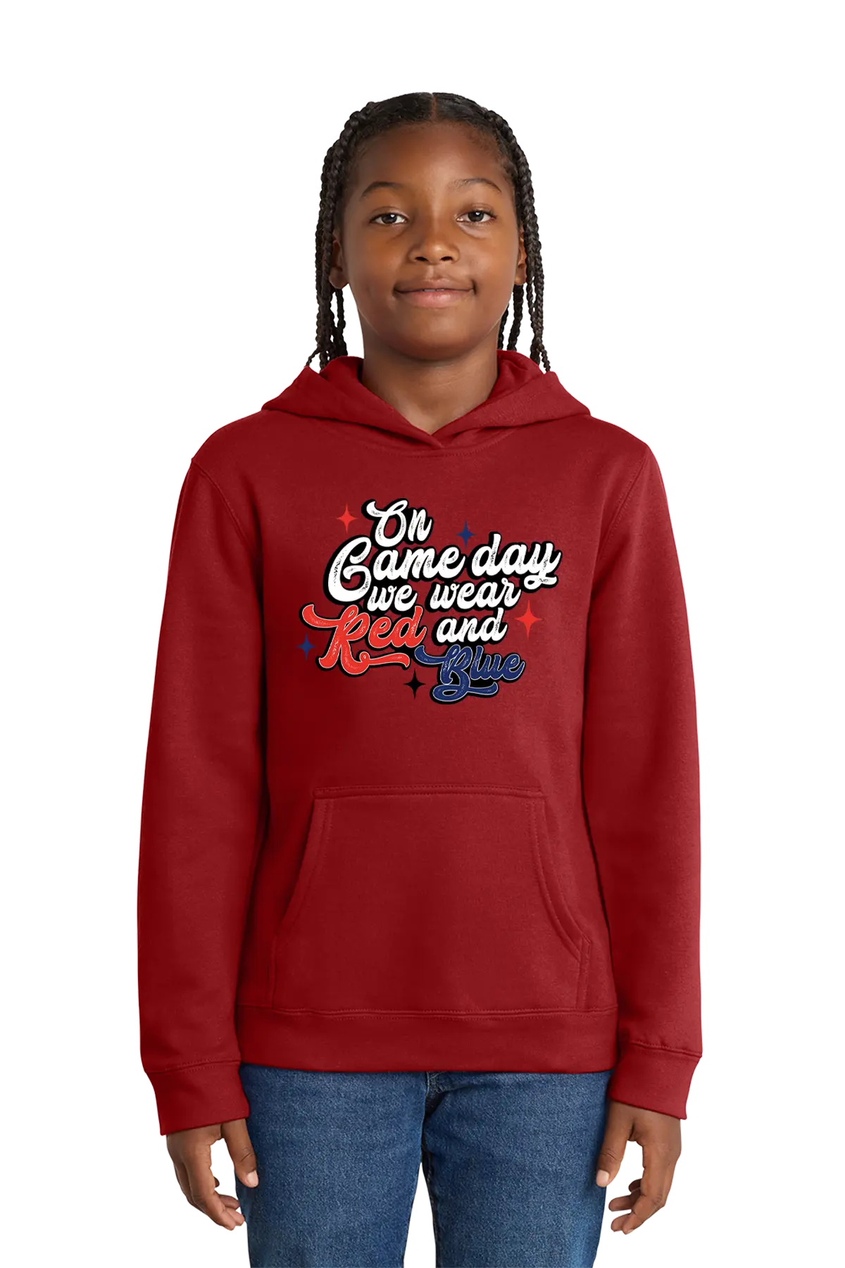 Red hoodie with text worn by a person on a white background. Paper Street Print Co, Blairstown, NJ.